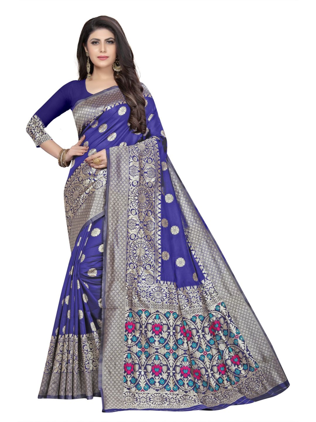 Navy BlueArt SilkWith Blouse PiecePack of 1