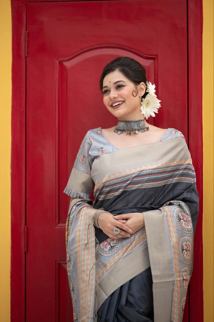 BANARASI TUSSAR PRINT SAREE IN GREEN