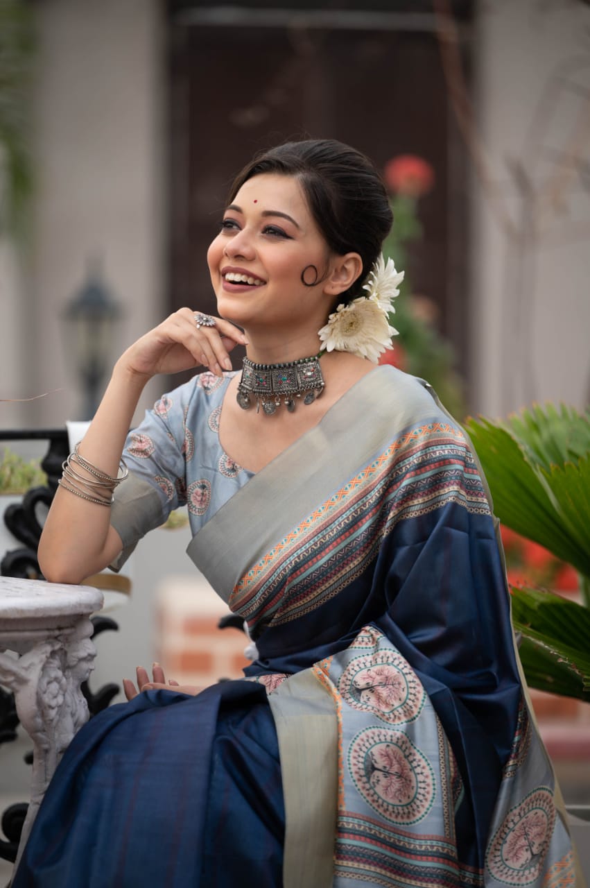 BANARASI TUSSAR PRINT SAREE IN BLUE