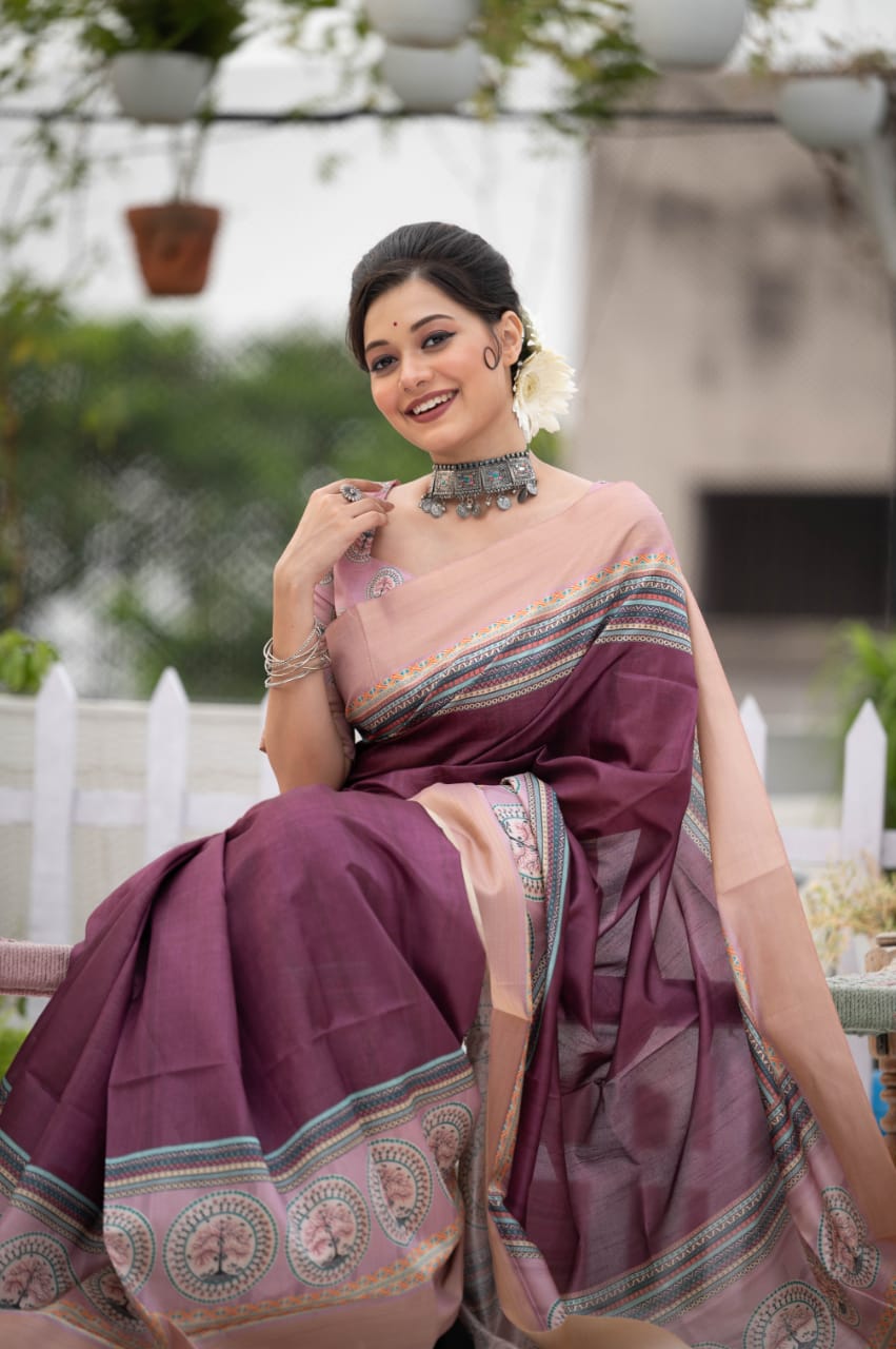 BANARASI TUSSAR PRINT SAREE IN WINE (PURPLE)