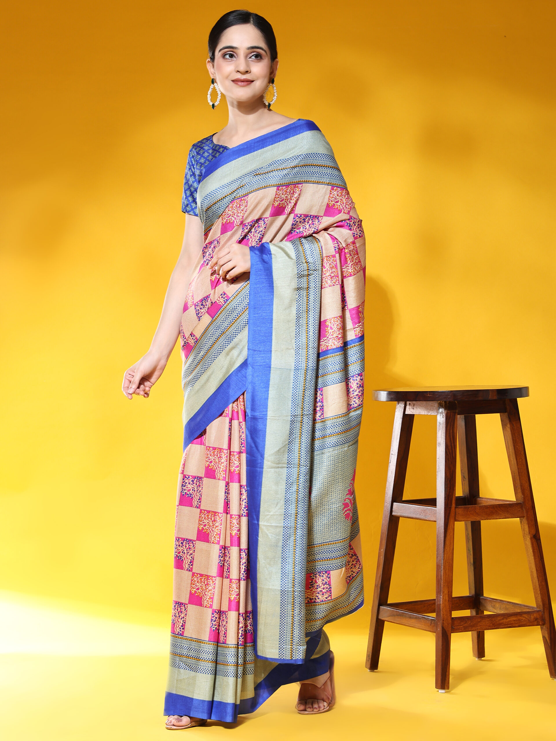 pink blue Art SilkWith Blouse PiecePack of 1