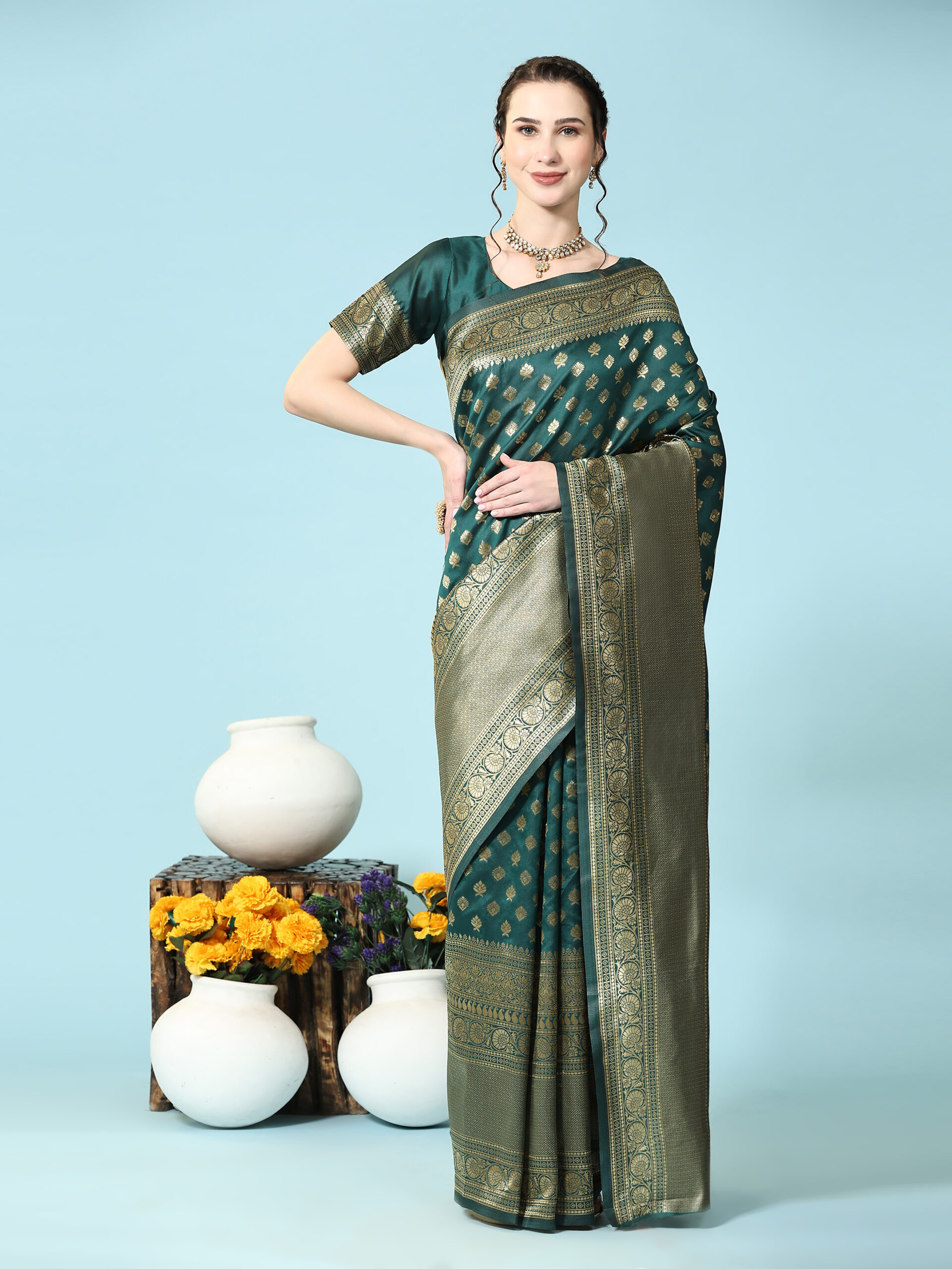Woven Banarasi  Jacquard Saree??(DARK Green)