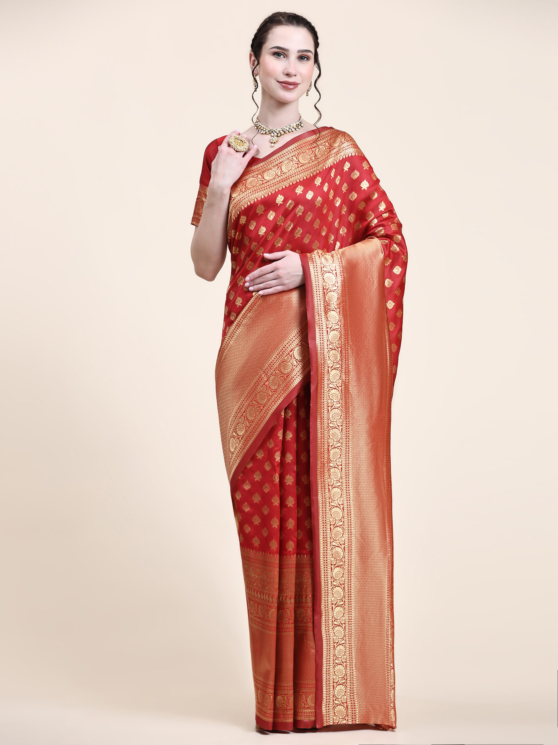 RED & Gold Ethnic Motifs Zari Silk Blend Banarasi Saree