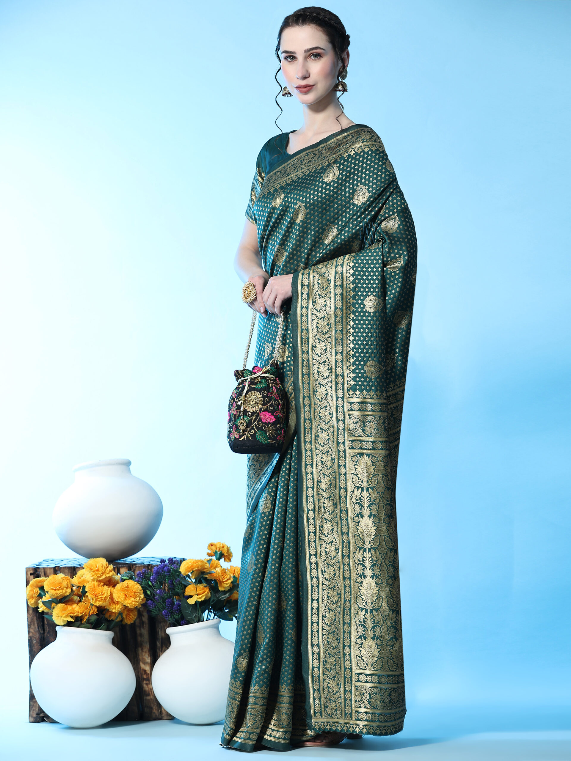 Woven Banarasi  Jacquard Saree??(DARK Green)