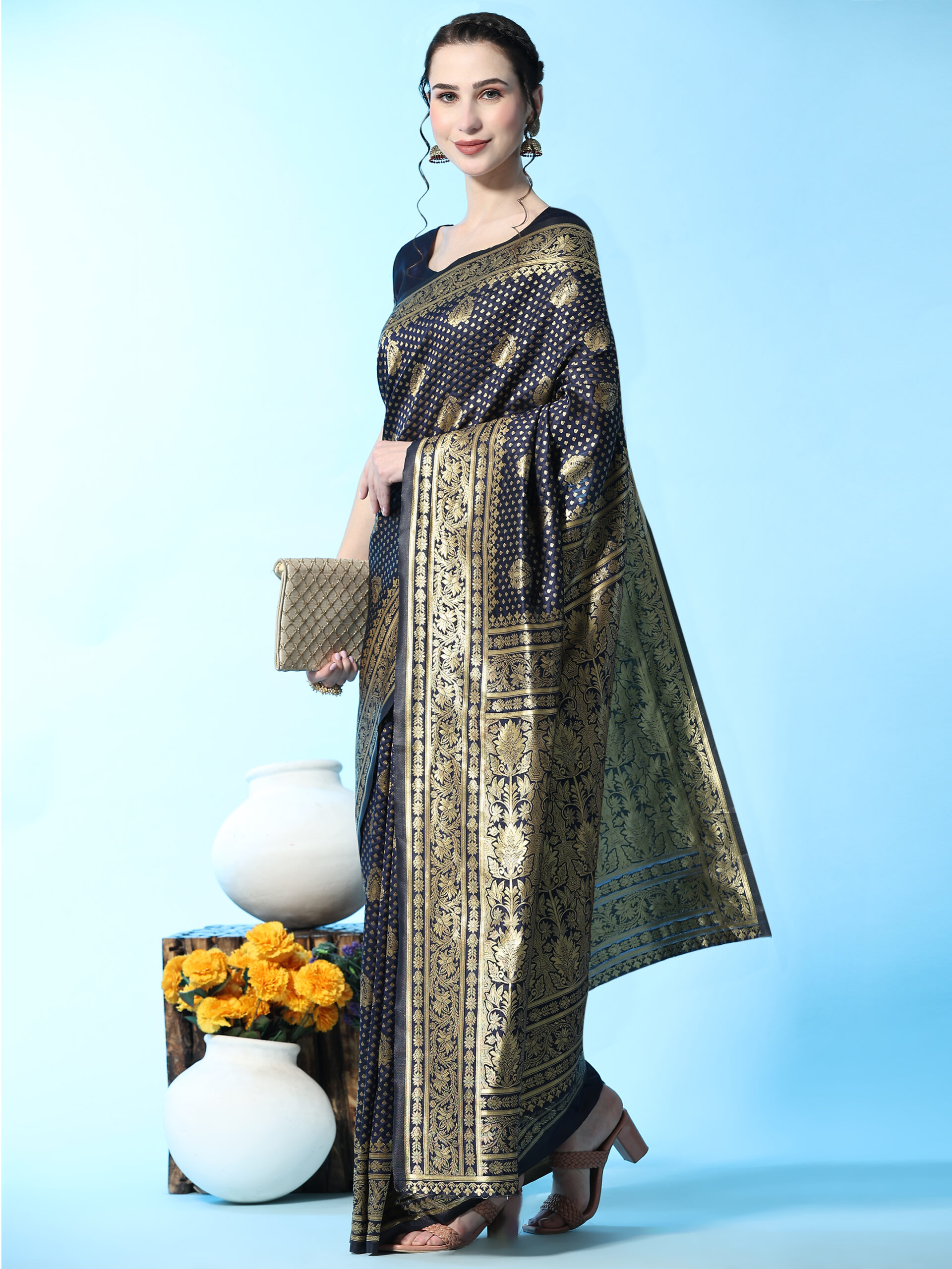 NEVY BLUE Floral SILK Blend Banarasi Saree