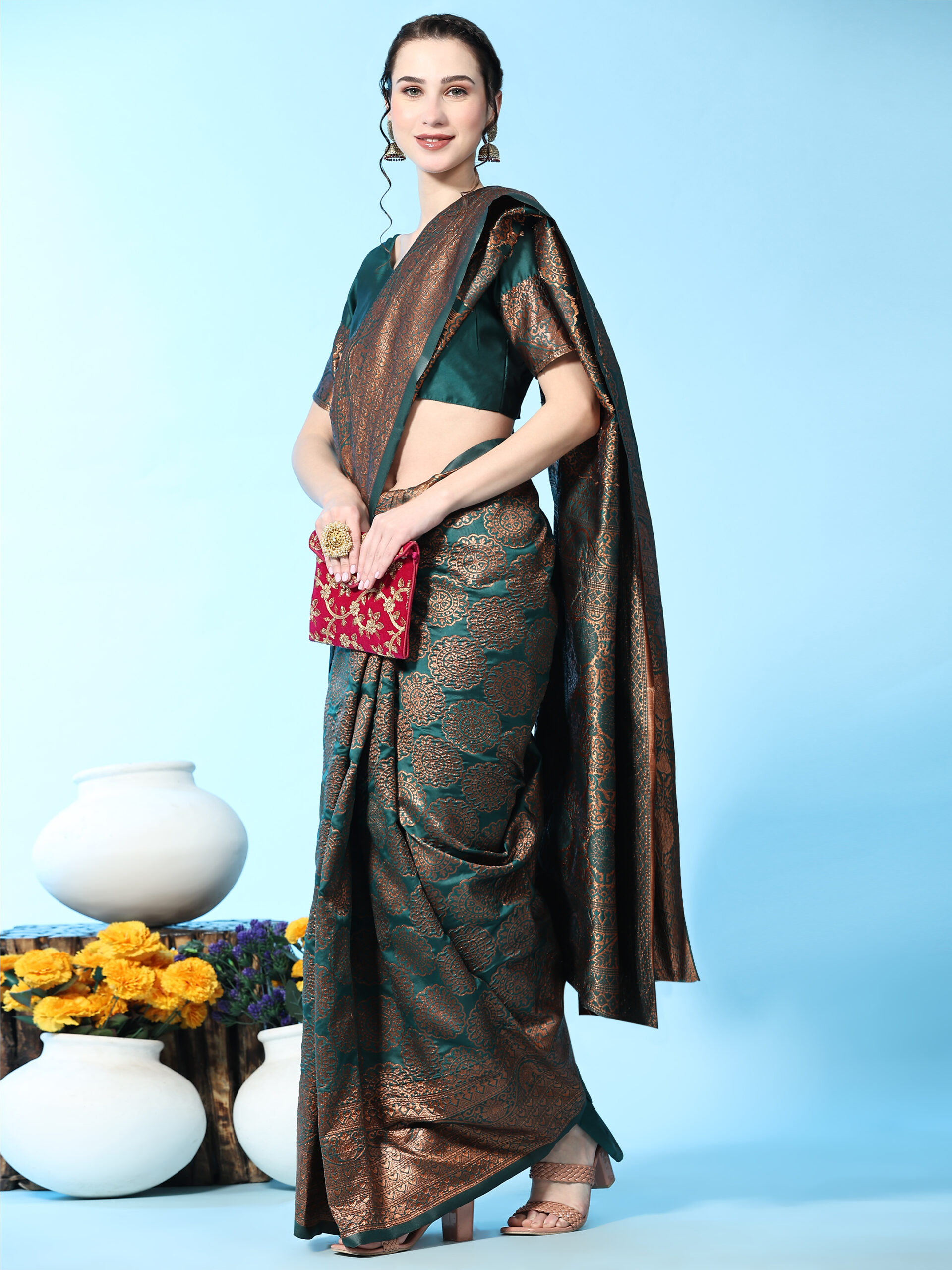 Woven Banarasi Jacquard Saree??(DARK Green)
