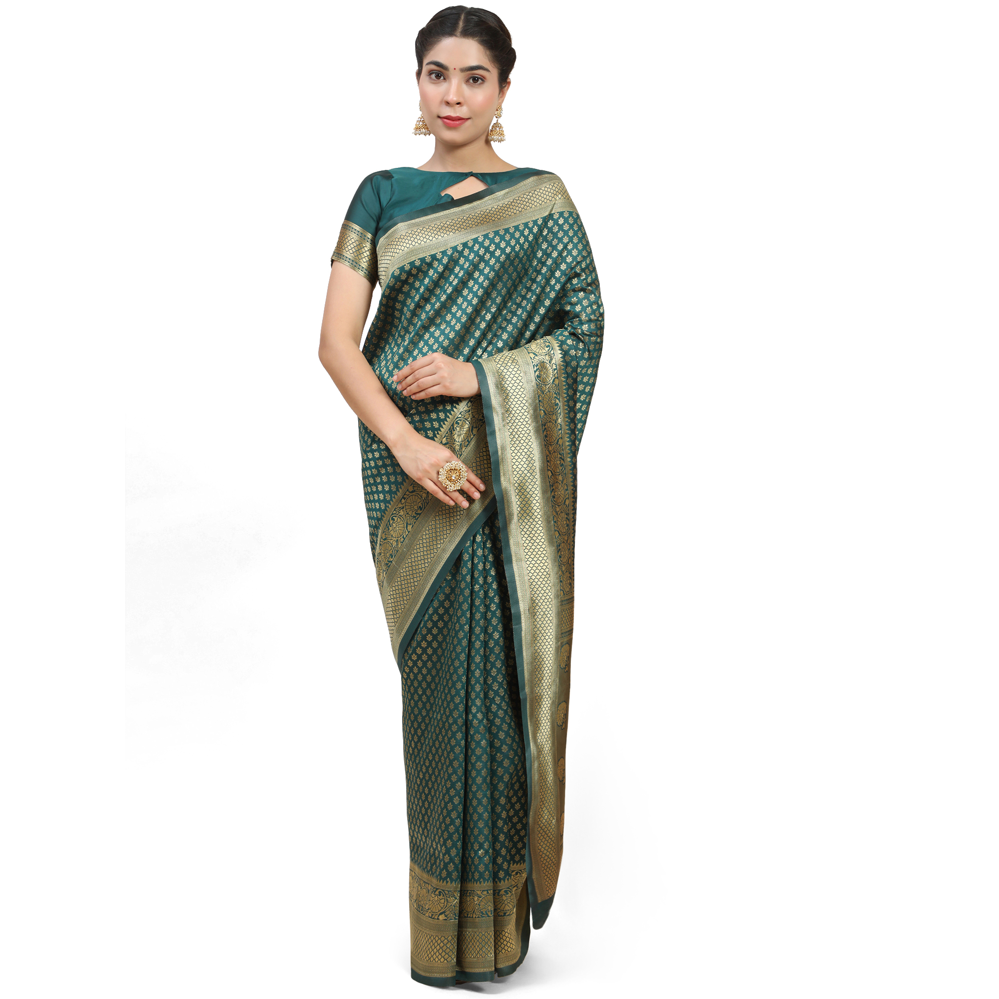Dark Green banarasi saree Woven design woven design saree with woven design border pack of 1