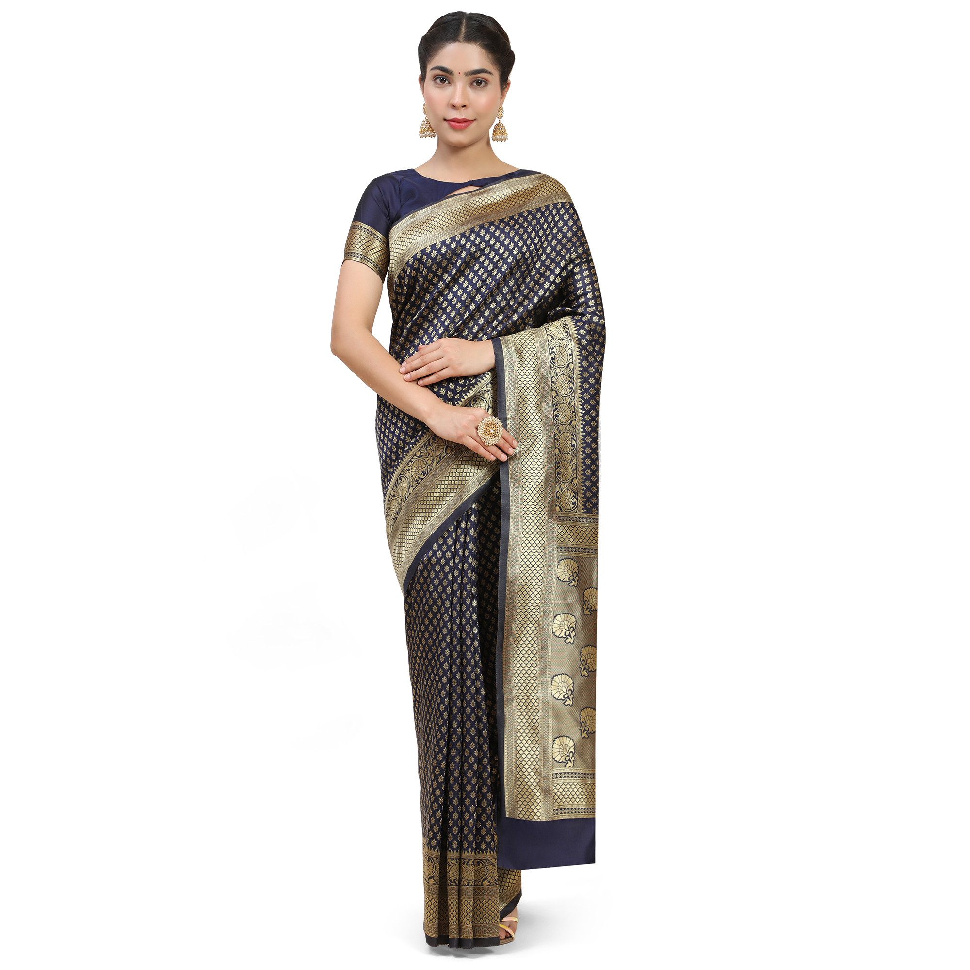 Navy Blue & Gold-Toned Woven Design Silk Blend Saree pack of 1
