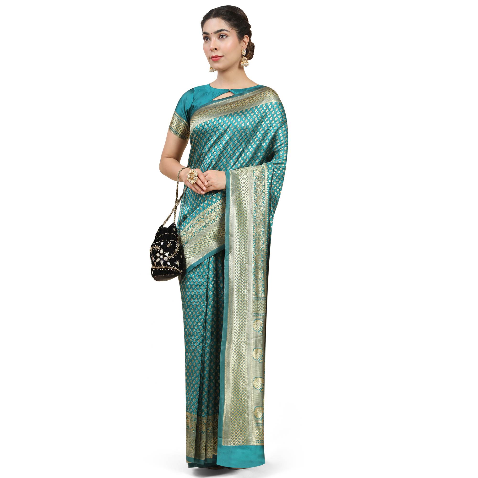 Turquoise Ethnic Motifs Zari Banarasi Saree pack of 1