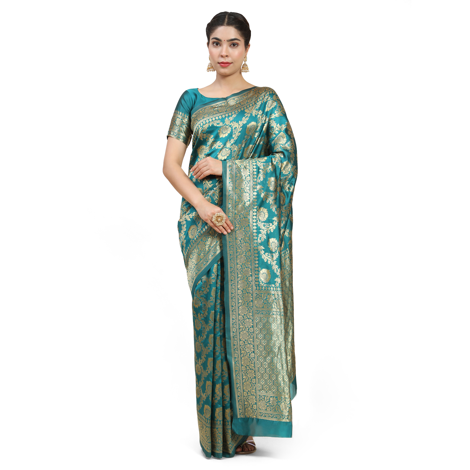Turquoise & Gold-Toned Woven Design Kanjeevaram Saree pack of 1