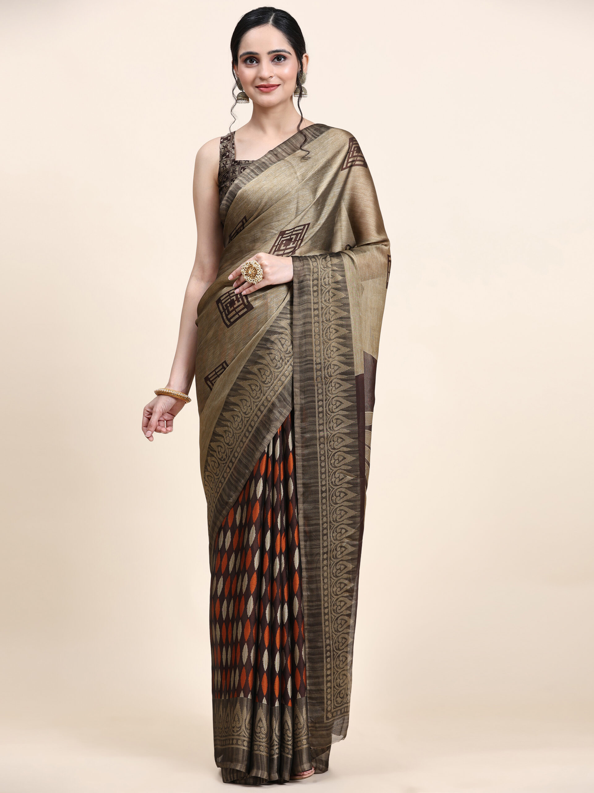 jeske brown Printed Chiffon ART SIK SAREE pack of 1
