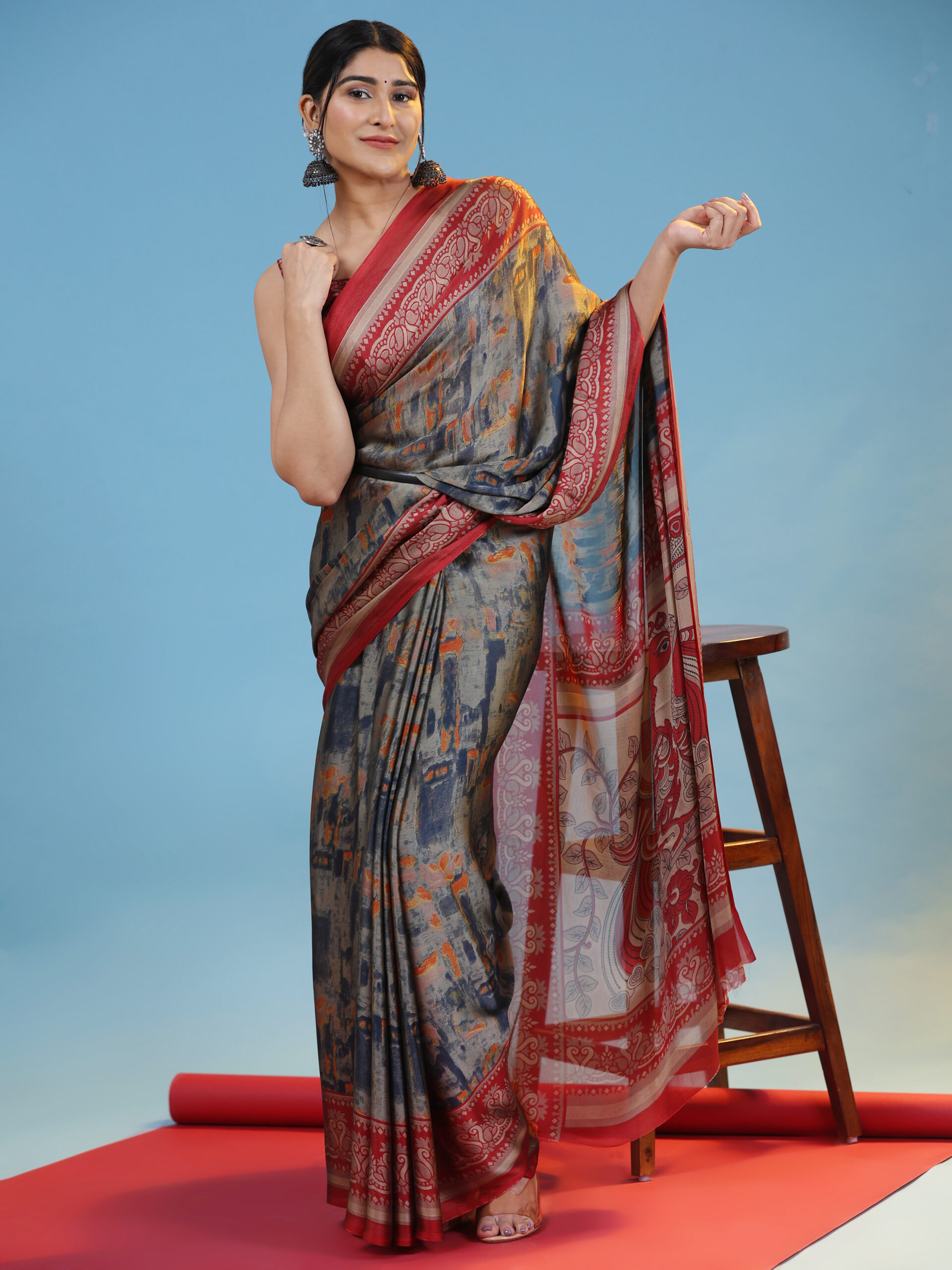 KIIRA GREY PrintedChiffon ART SIK SAREE pack of 1