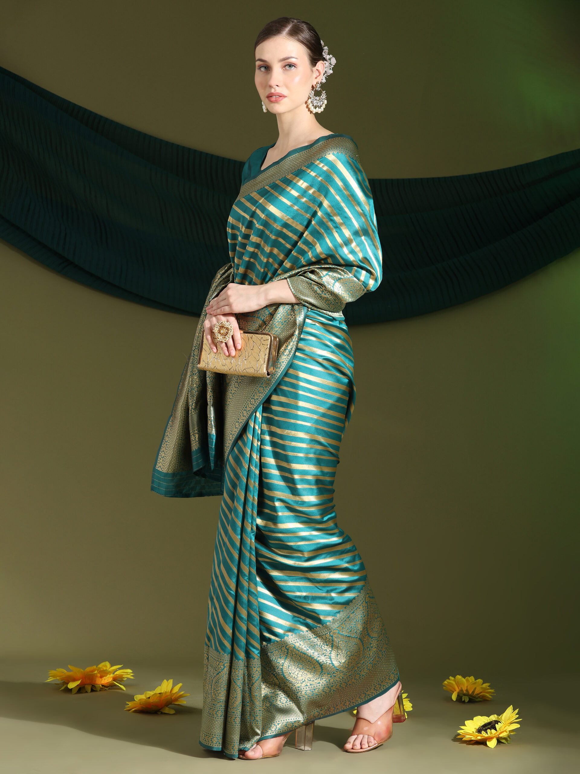 Turquoise Ethnic Motifs Zari  Flora Leheriya Banarasil Sarees