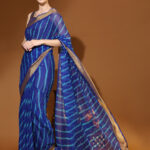 Rich Blue Colour WITH GOLD JARI BORDERD STRIPED Pure Chiffon Saree
