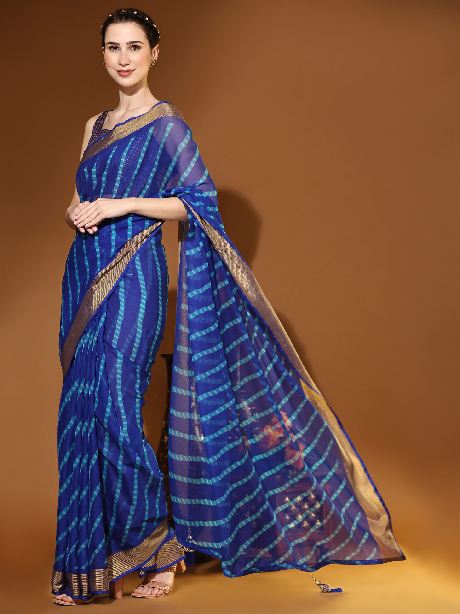 Rich Blue Colour WITH GOLD JARI BORDERD STRIPED Pure Chiffon Saree