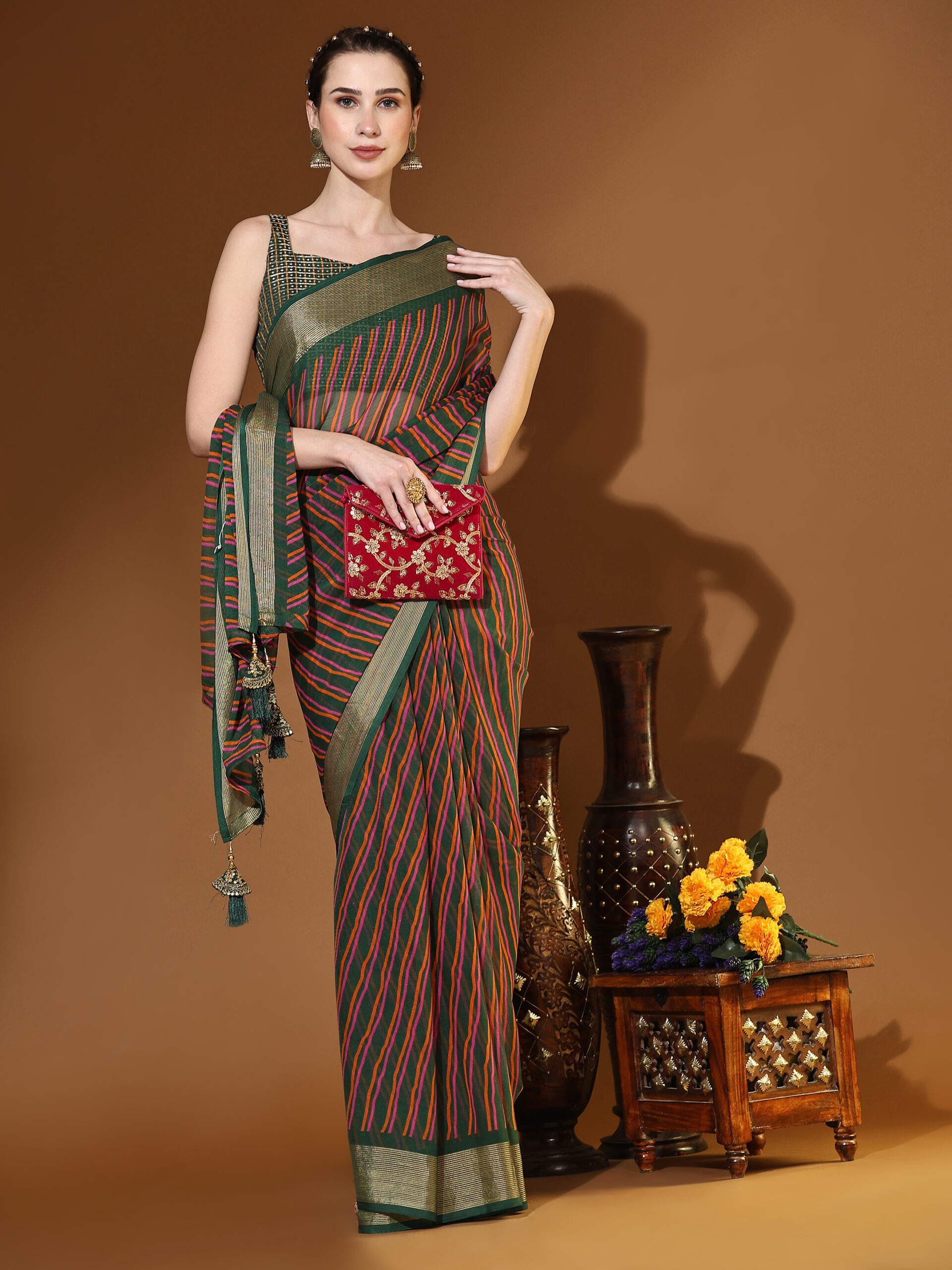 DARK Green with GOLDEN JARI BORDER WEAVZEE Pure Chiffon Saree