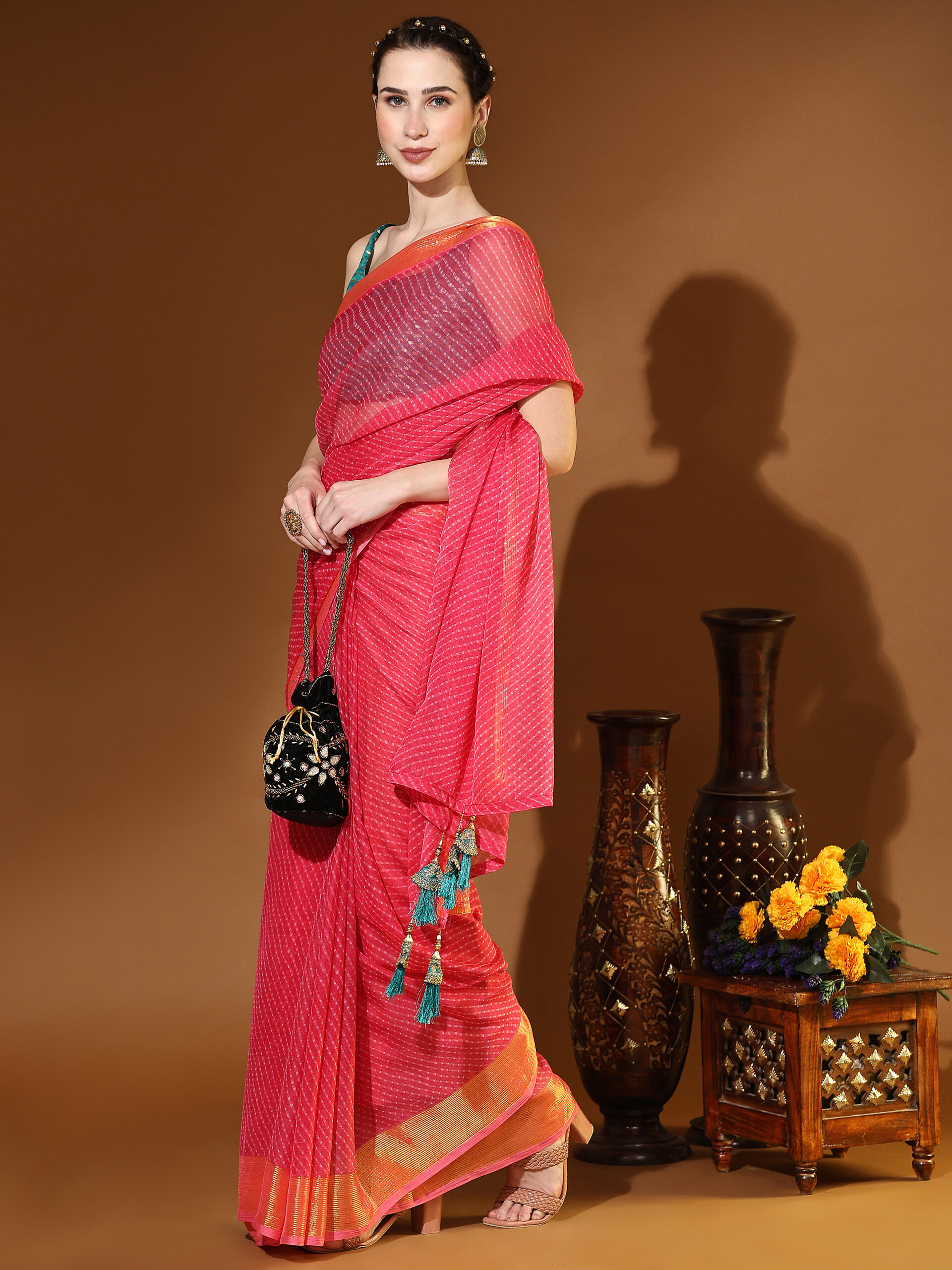 LIGHT PINK with GOLDEN JARI BORDER WEAVZEE Pure Chiffon Saree