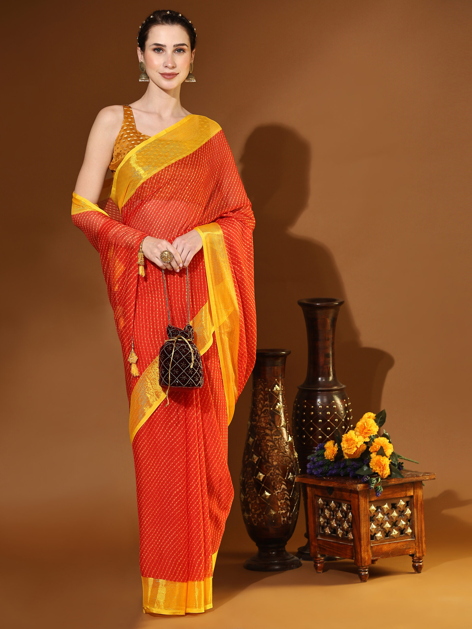 RED& GOLD with GOLDEN JARI BORDER WEAVZEE Pure Chiffon Saree