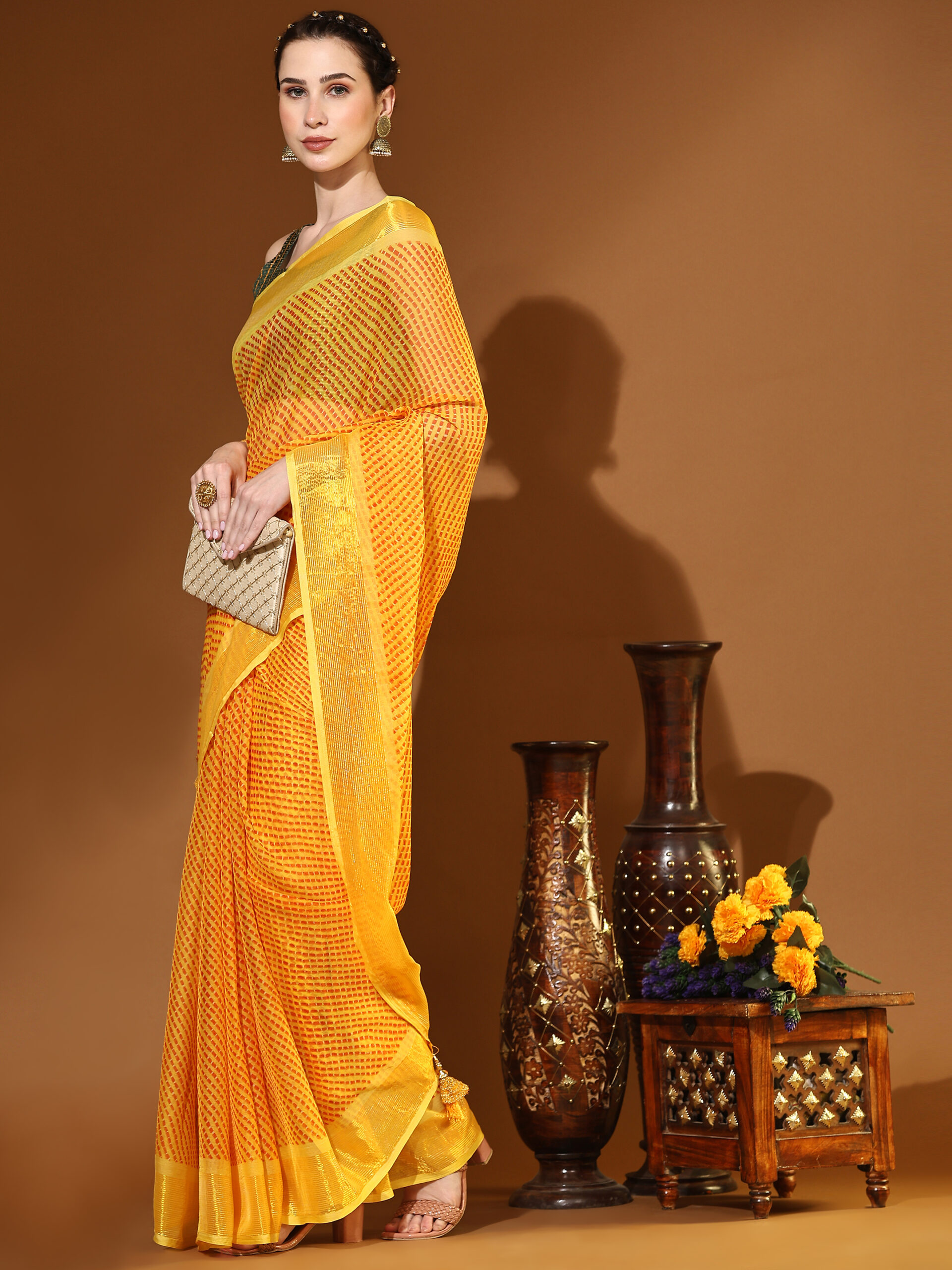 GOLD with GOLDEN JARI BORDER WEAVZEE Pure Chiffon Saree