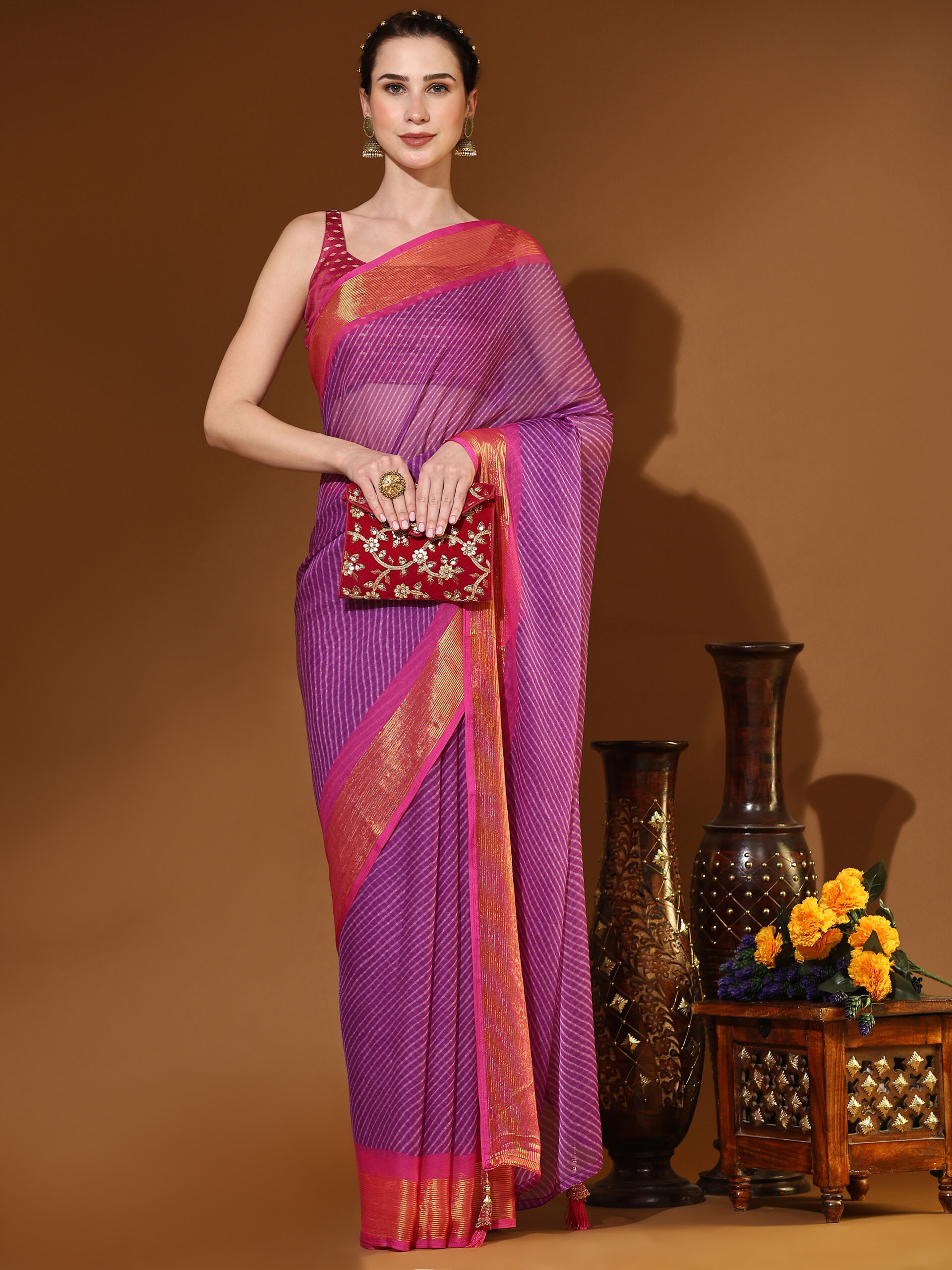 MAGANTA with GOLDEN JARI BORDER WEAVZEE Pure Chiffon Saree