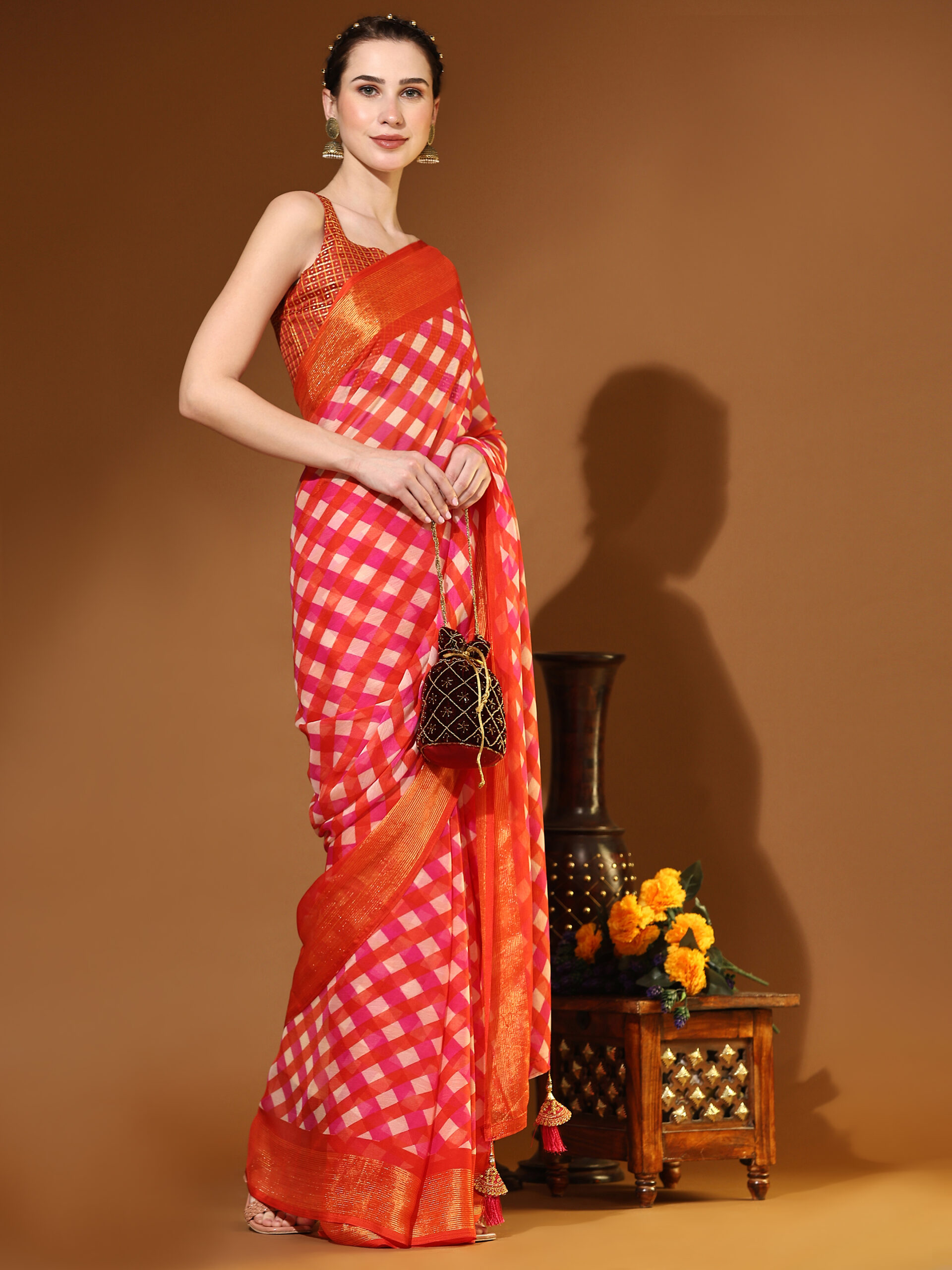 RED with GOLDEN JARI BORDER CHECKED Pure Chiffon Saree