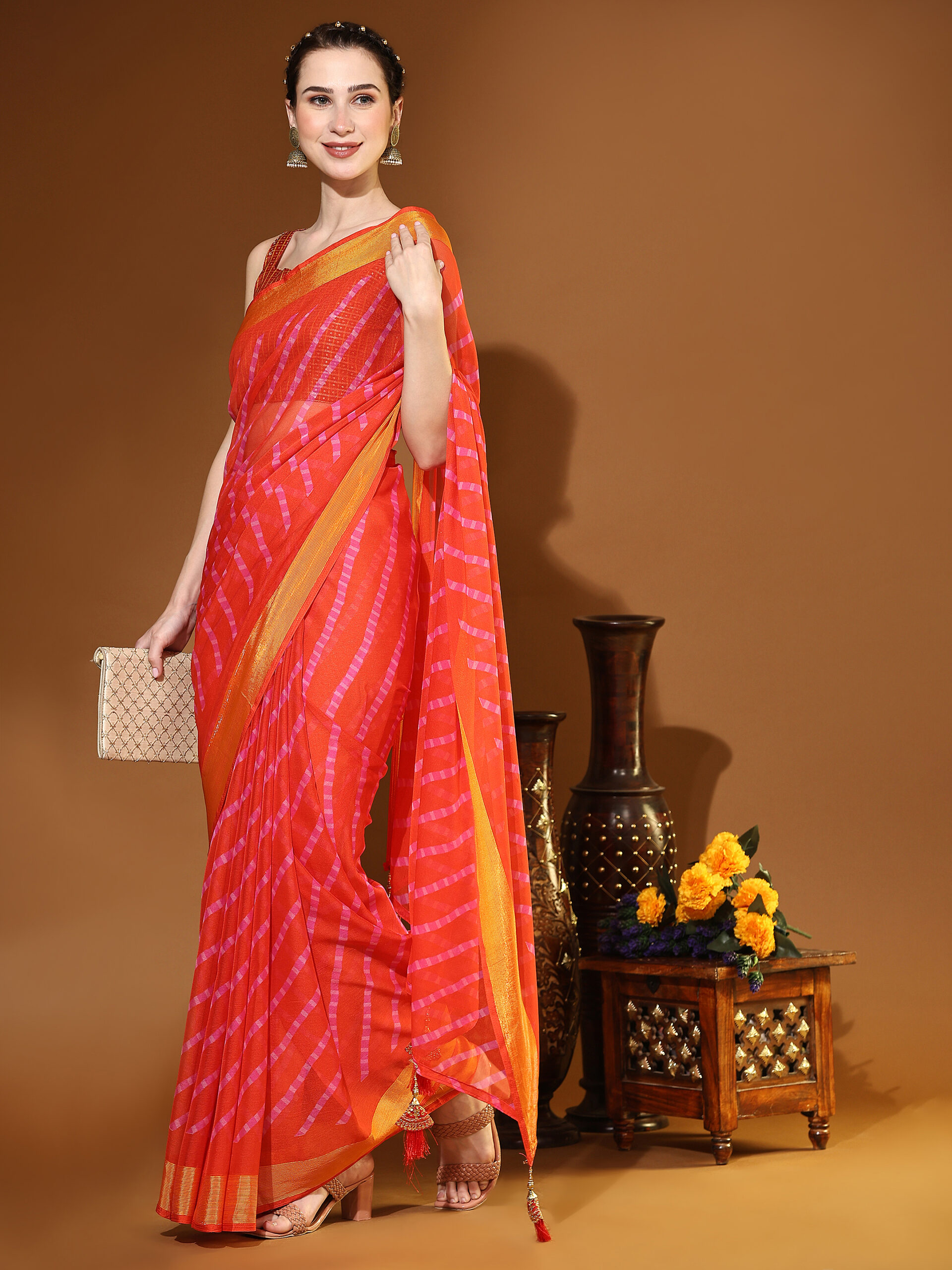 RED with GOLDEN JARI BORDER WEAVZEE Pure Chiffon Saree