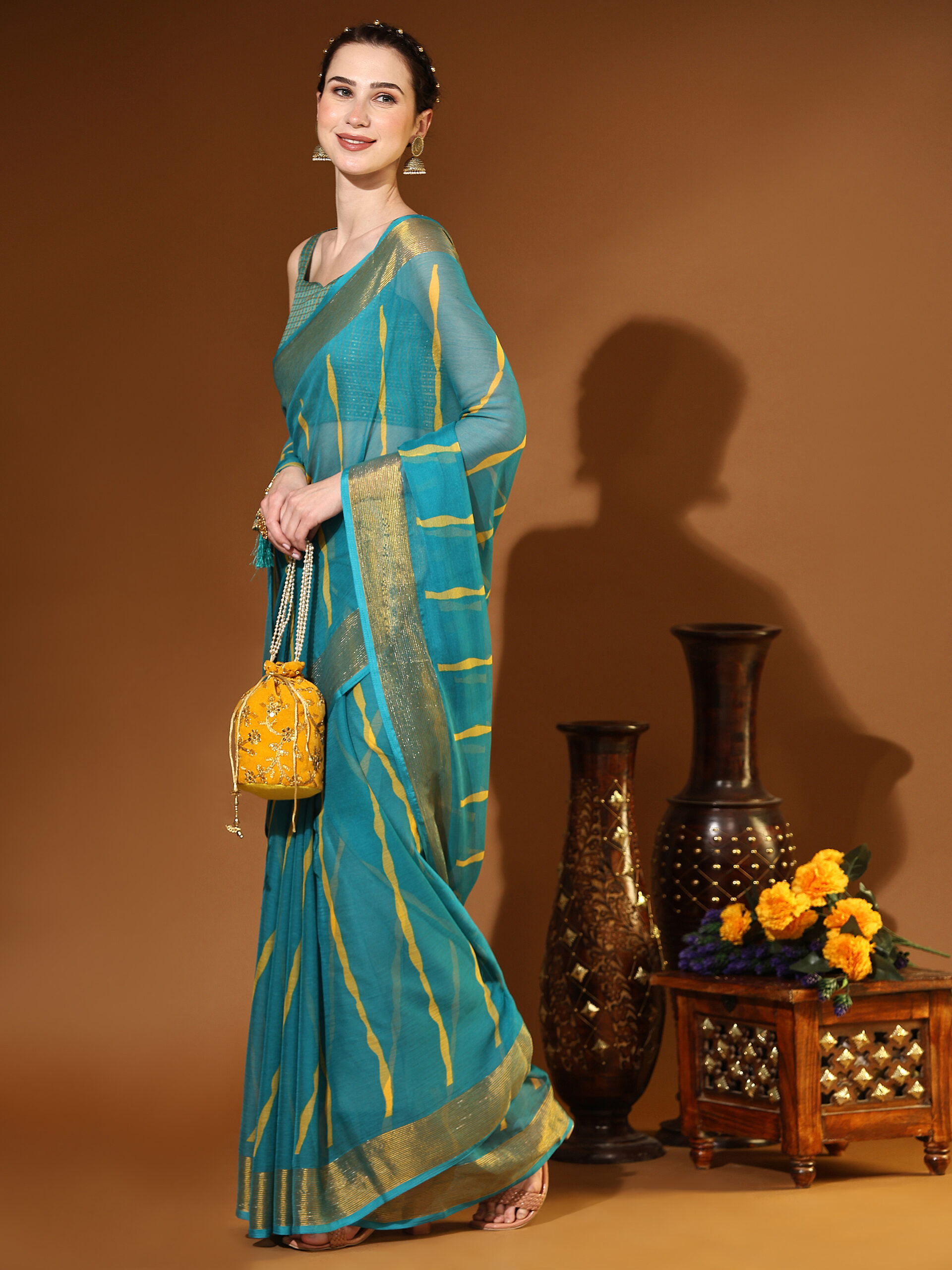 SKY BLUE with GOLDEN JARI BORDER WEAVZEE Pure Chiffon Saree