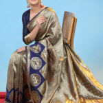 Navy Blue  & Gold-Toned Woven Design Silk Blend Floral Banarasi Saree