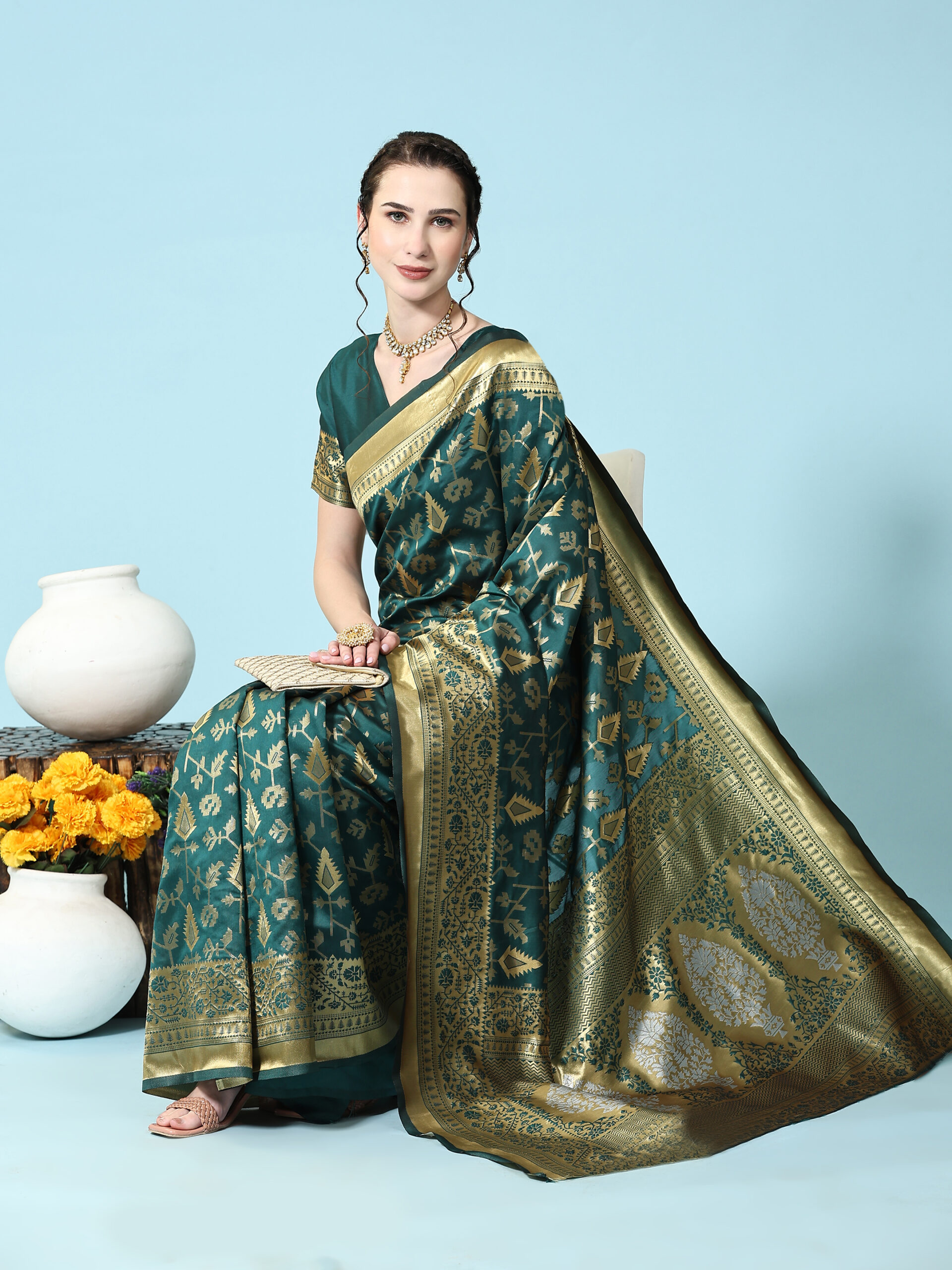 Woven Banarasi Jacquard Saree??(DARK Green)