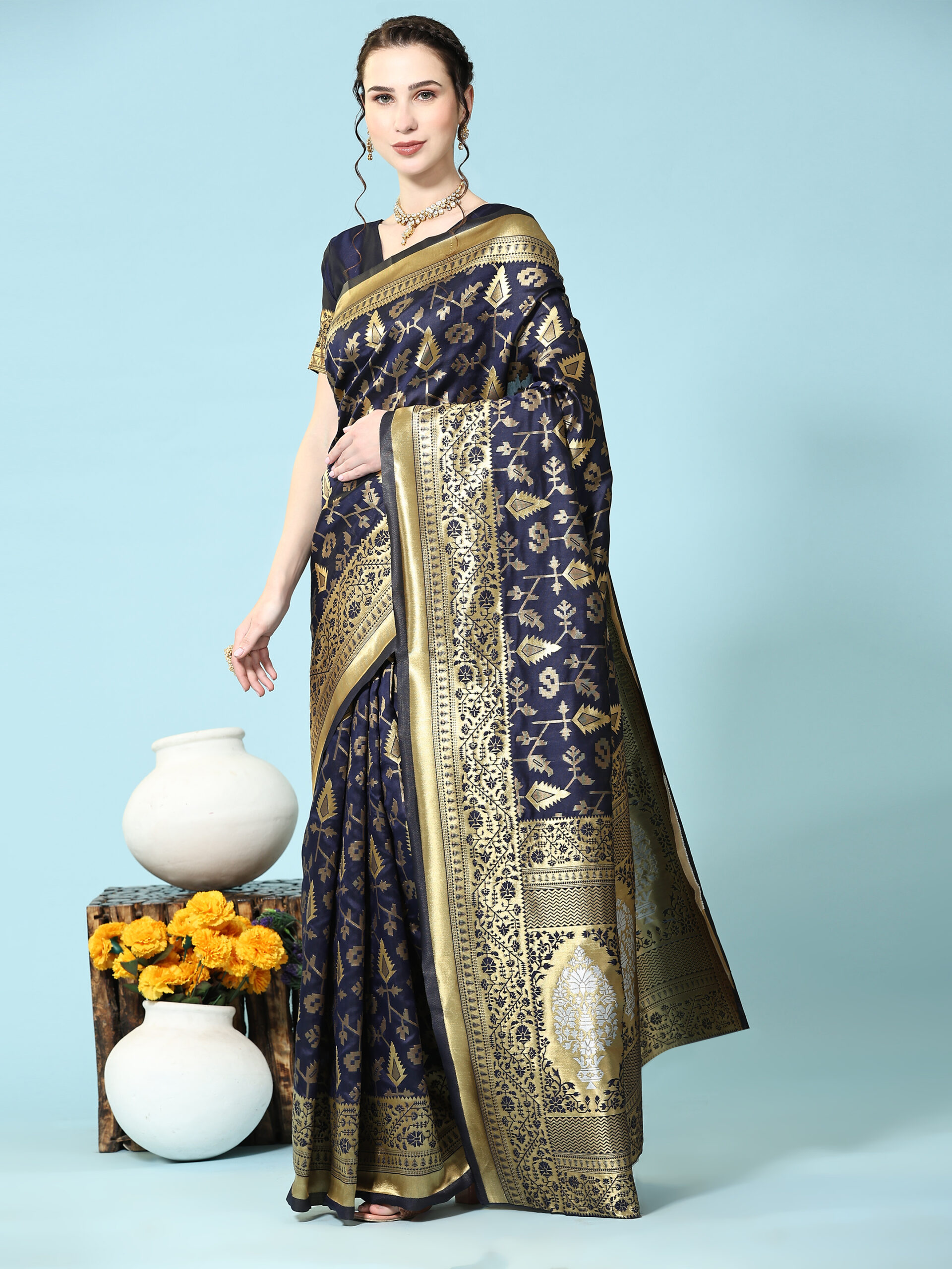 NEVY BLUE Floral SILK Blend Banarasi Saree