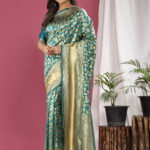 Turquoise  Floral Silk Blend Banarasi Sarees