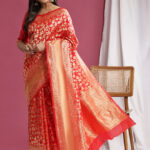 RED & Gold Ethnic Motifs Zari Silk Blend Banarasi Saree