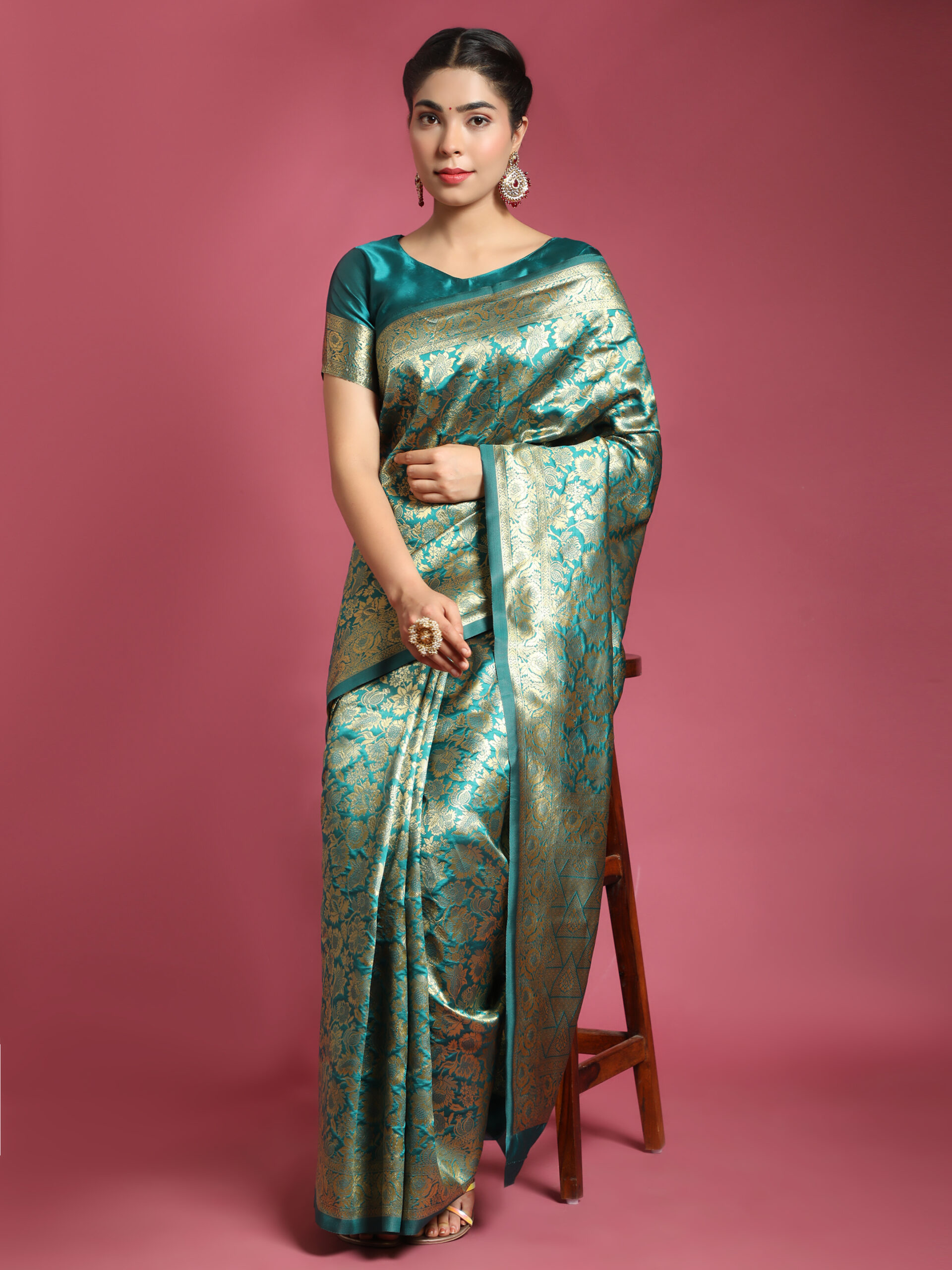 Turquoise  Floral Blend Banarasi Saree