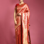 Red & Gold-Toned  Floral Blend Banarasi Saree