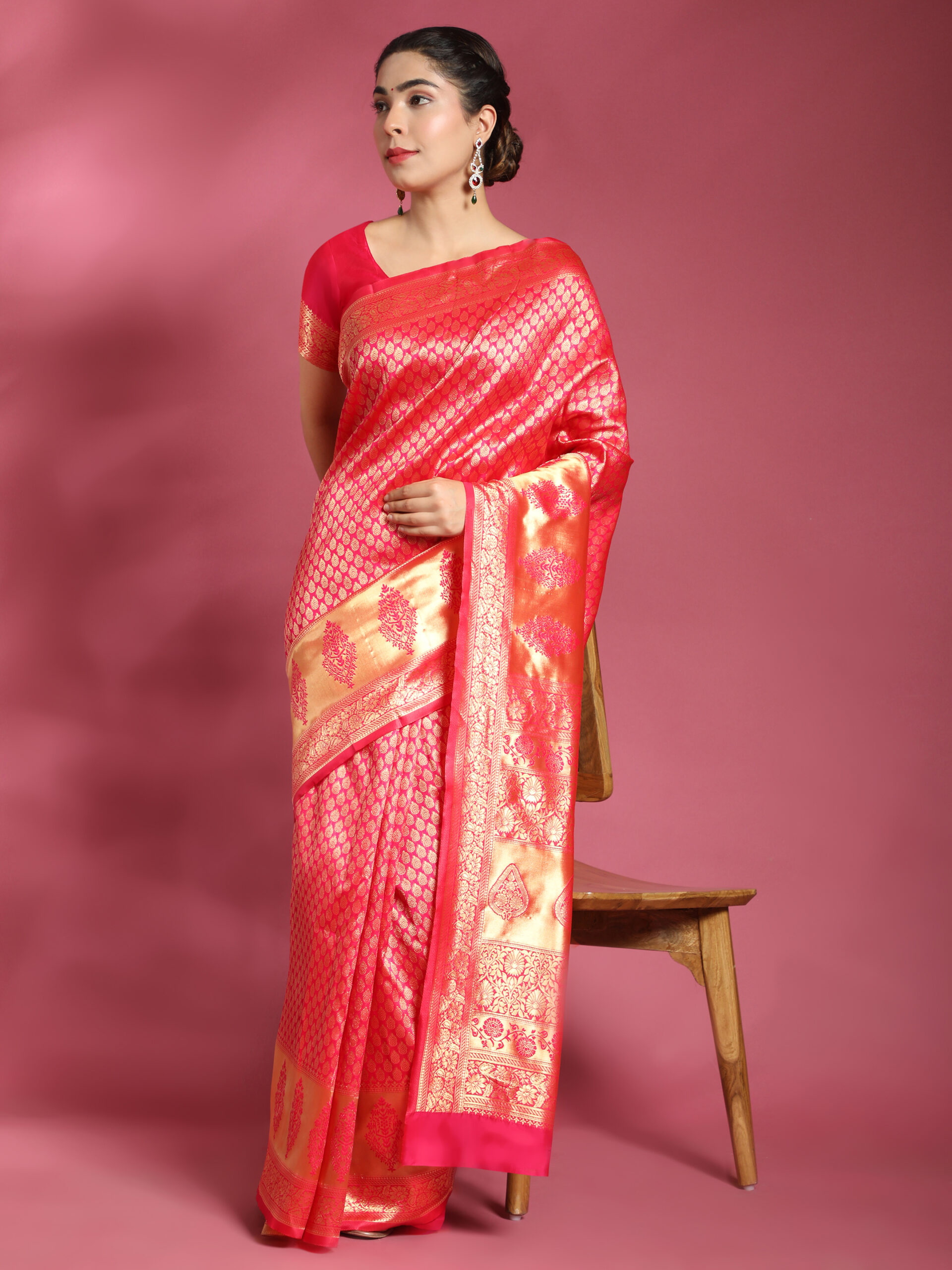 Pink Floral Silk Blend Woven Design Saree
