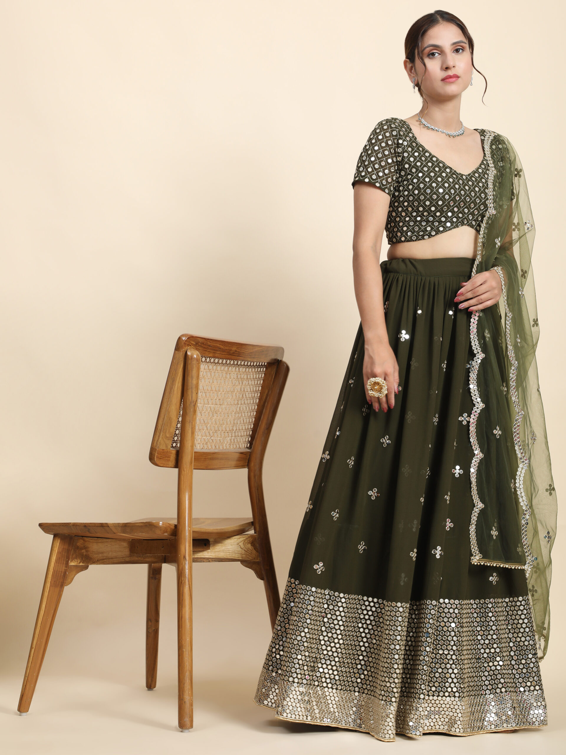 9mm Sequence Embroidery  Dark Green DESIGNER LEHENGA