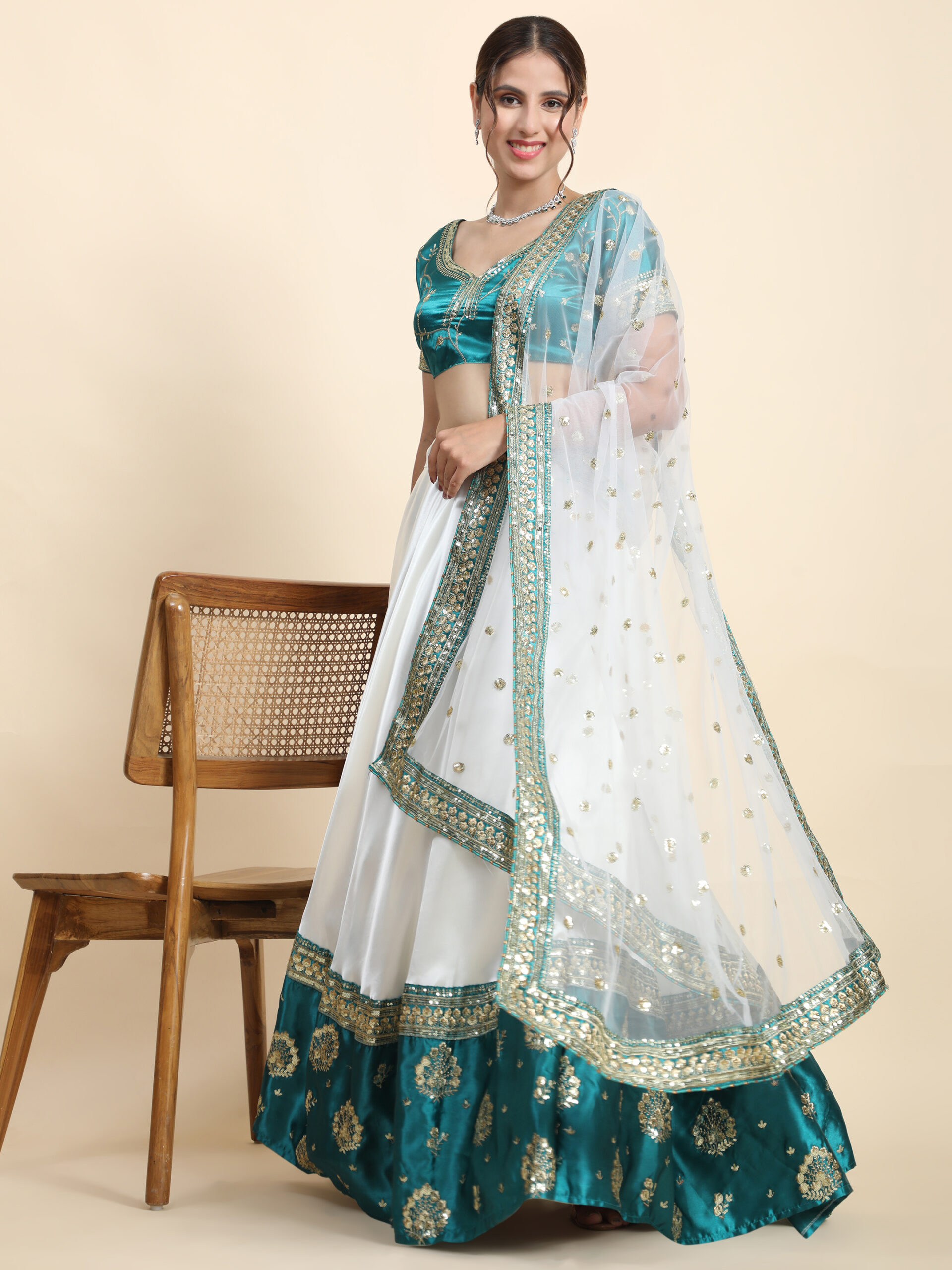 Sequence Embroidery White Green DESIGNER LEHENGA