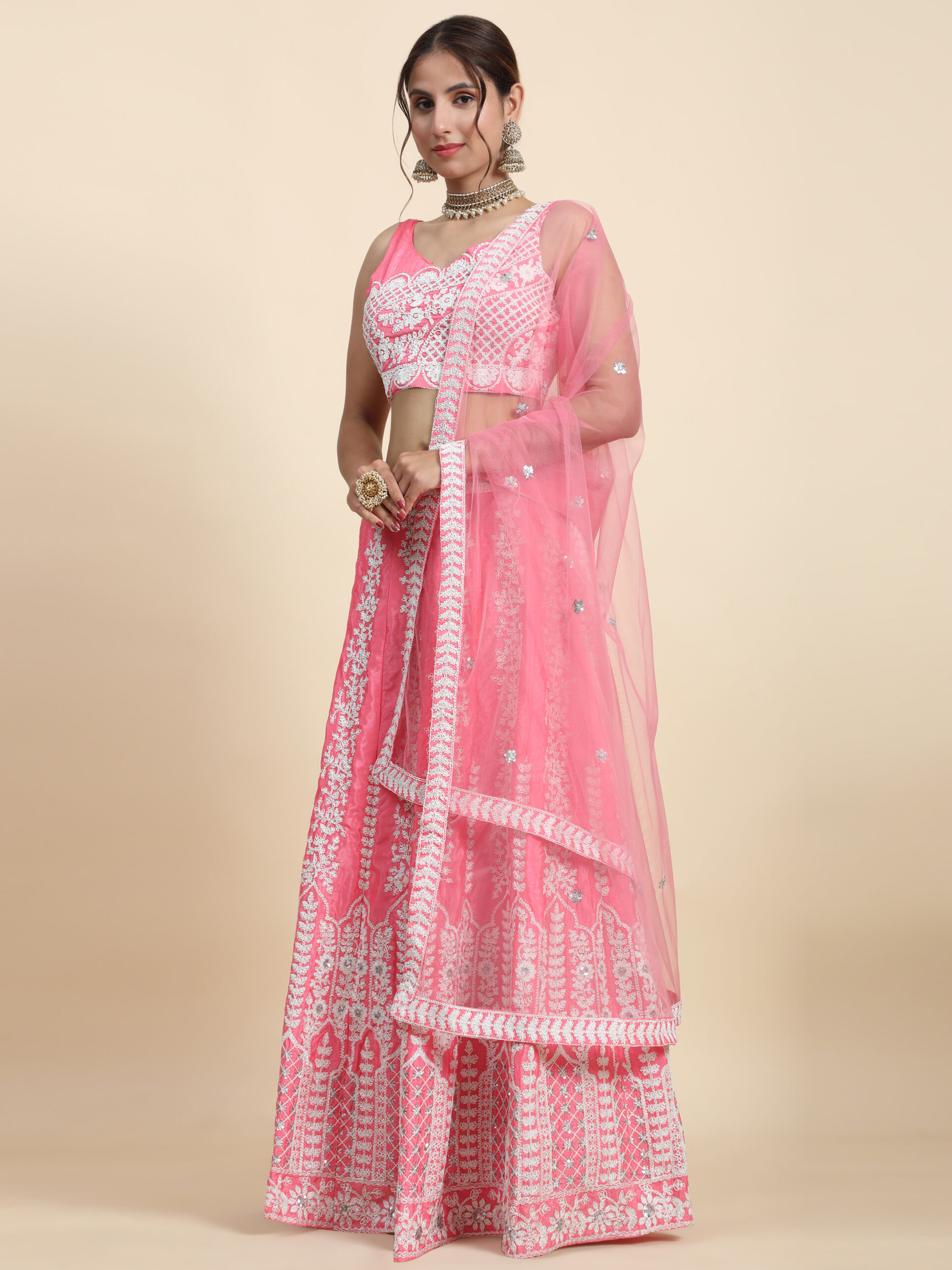 Sequence Embroidery White Peach DESIGNER LEHENGA