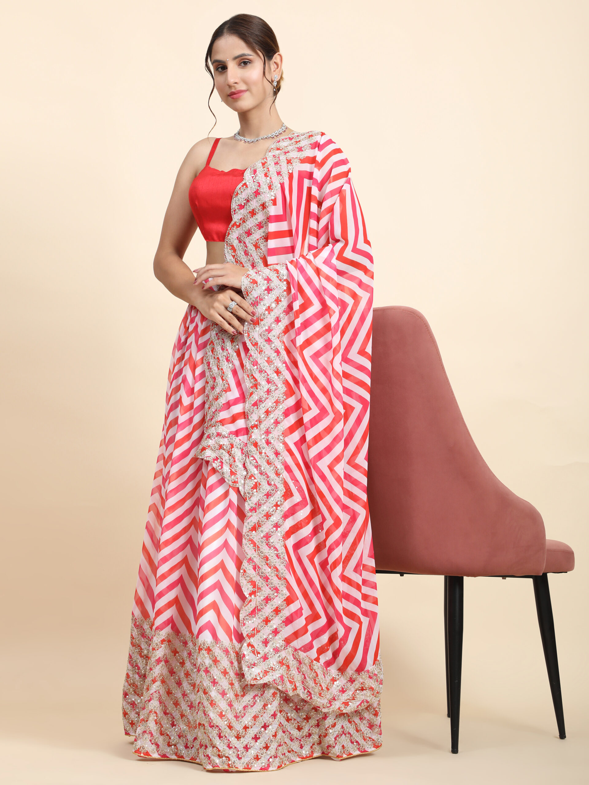 Dori Embroidery with Digital Print Pink line DESIGNER LEHENGA