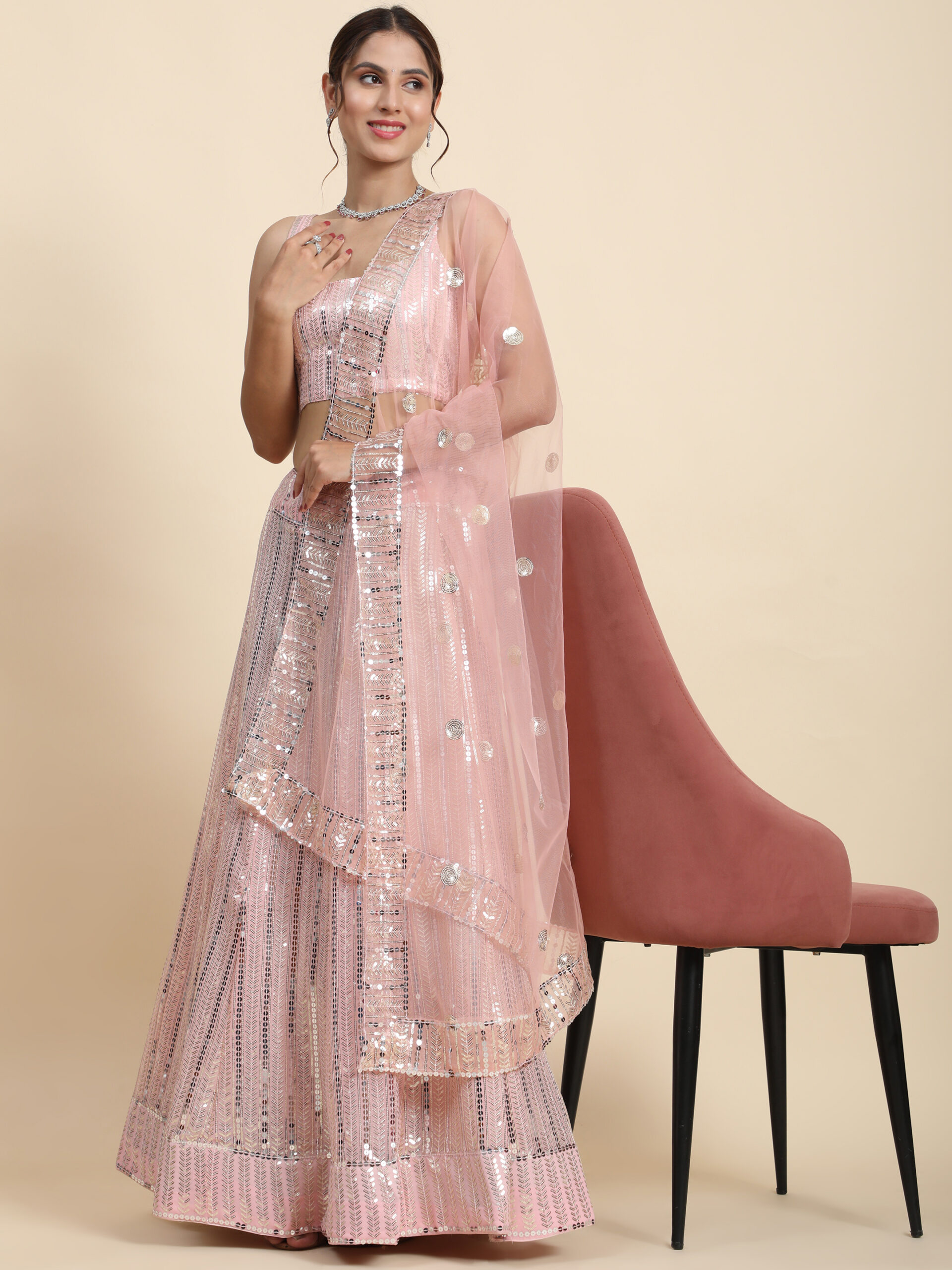 Sequence Embroidery  Peach DESIGNER LEHENGA
