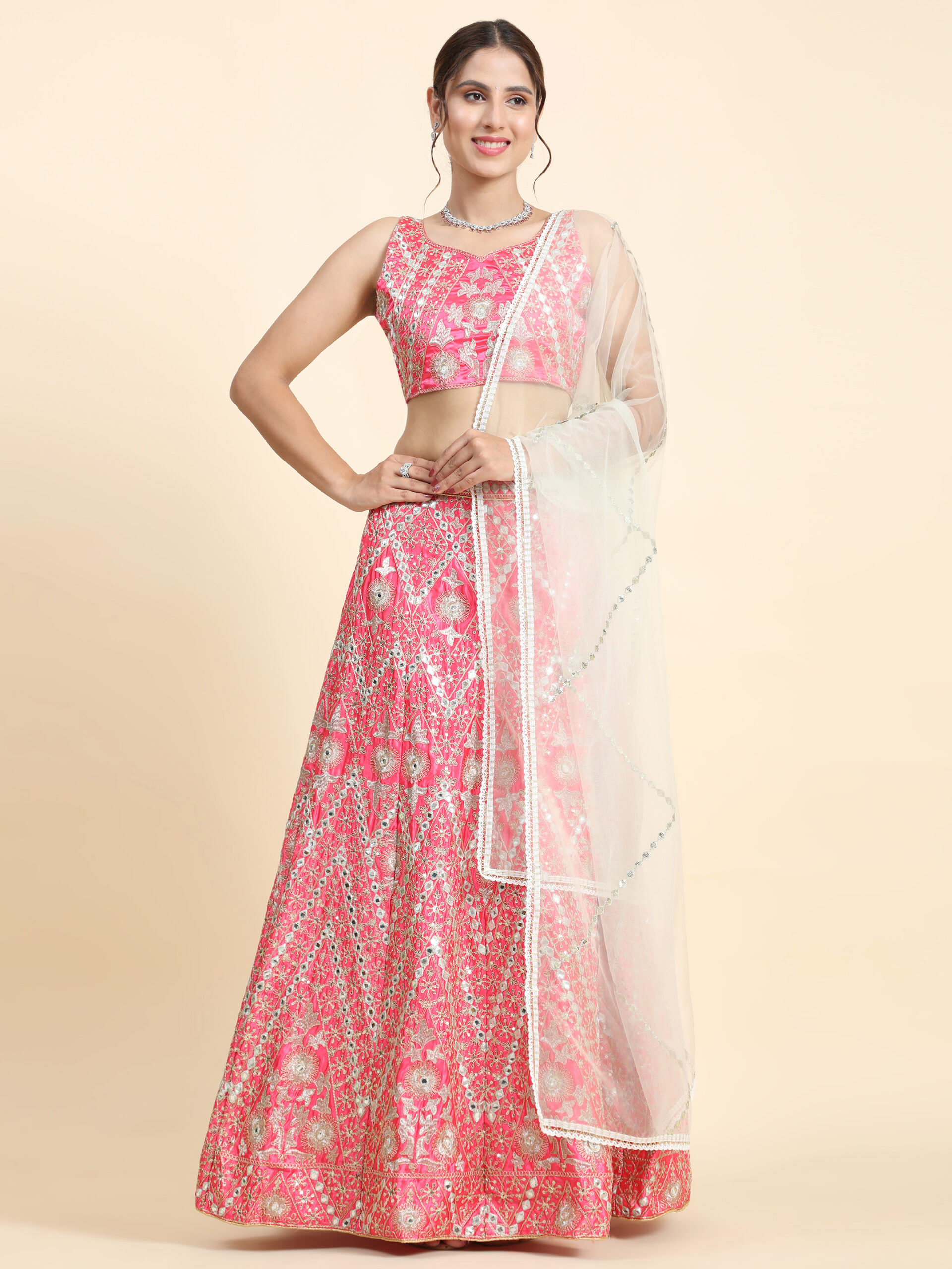 Sequence With Mirror Embroidery Net Pink DESIGNER LEHENGA