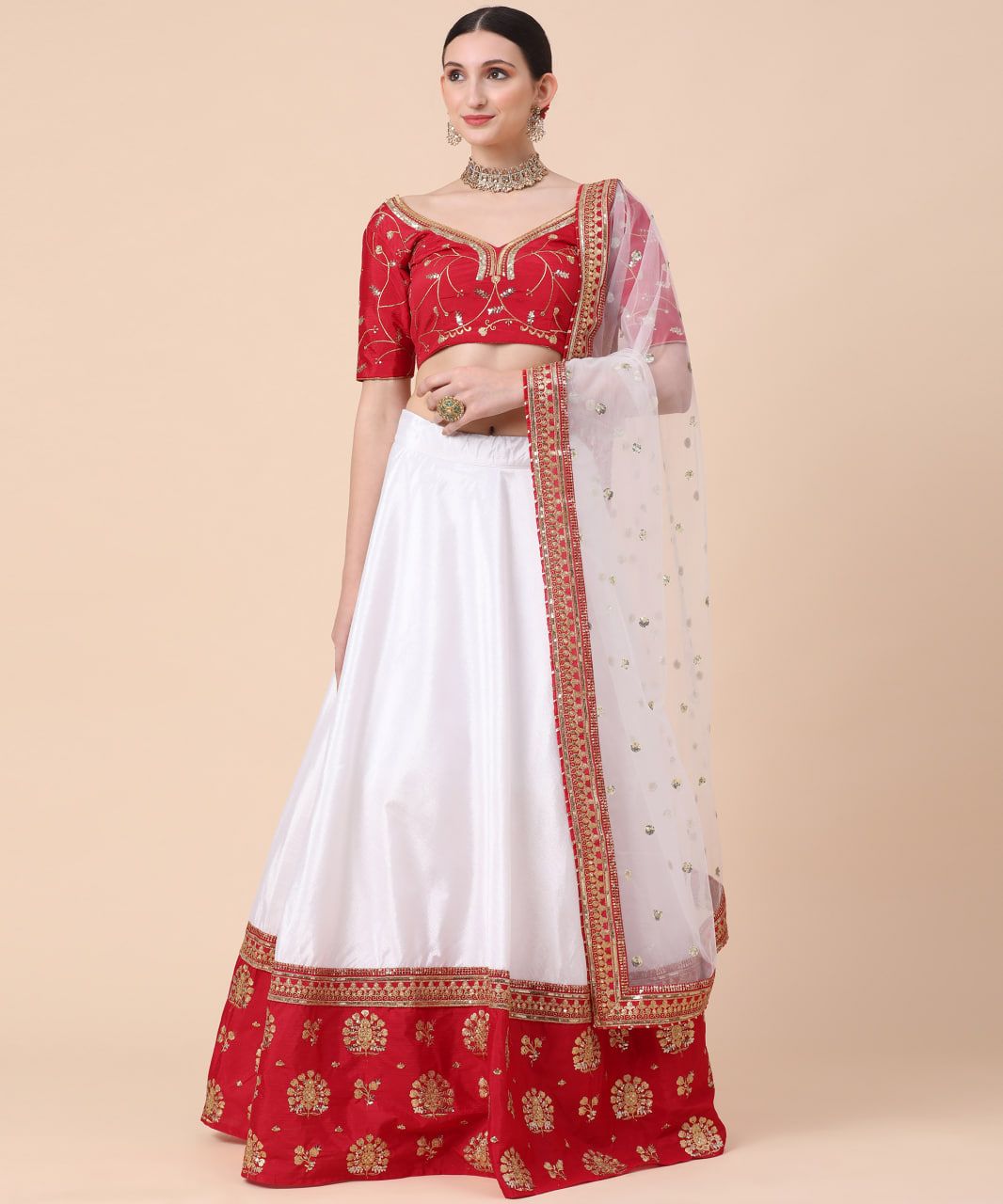Sequence Embroidery WHITE Red DESIGNER LEHENGA