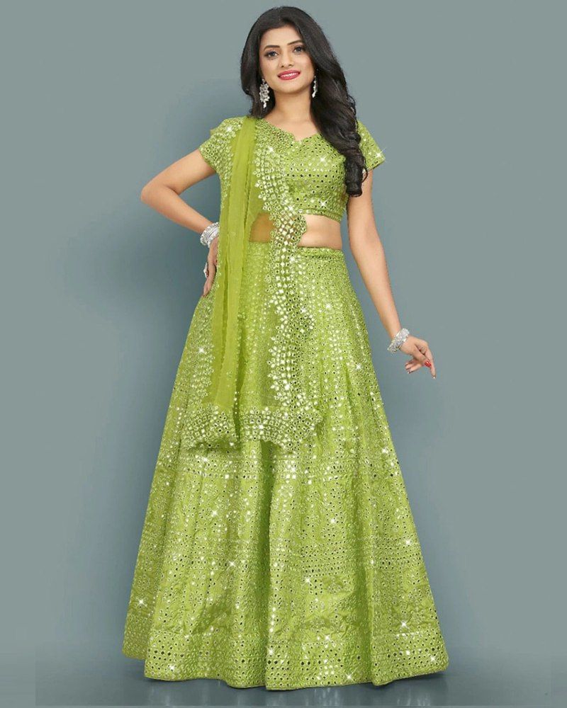 Sequence Embroidery with Foil Mirror Work PARROT Green DESIGNER LEHENGA